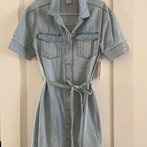 DKNY Jeans Denim Shirt Dress – Size S | Light Wash Belted Mini Dress NWT